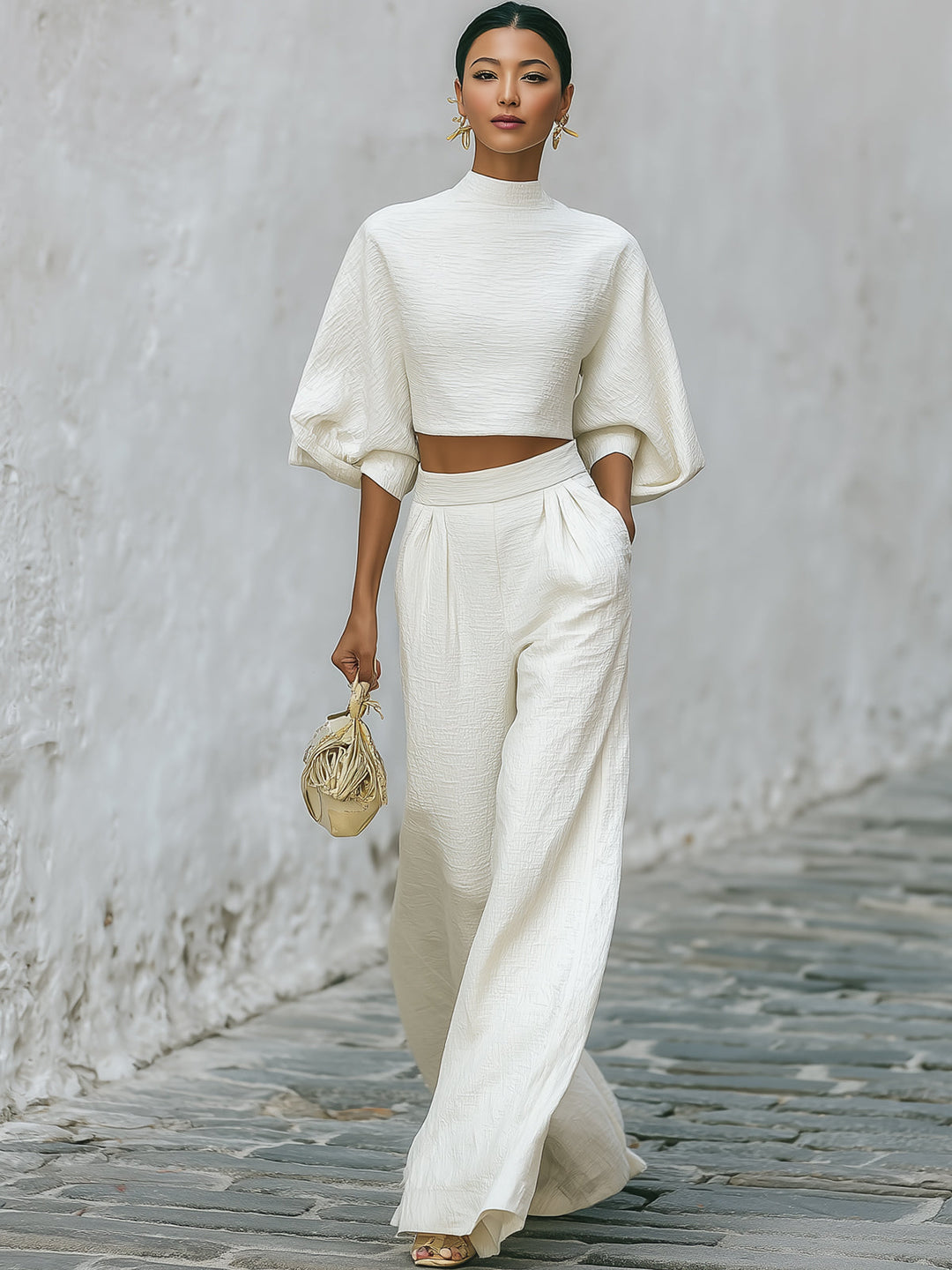 Glowy - Creamy White Textured Lantern Sleeve Set