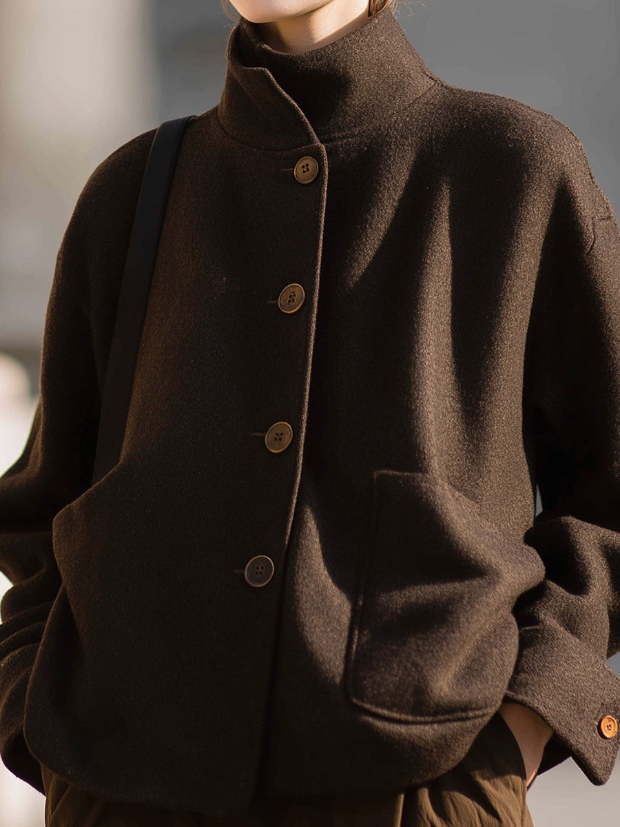 Hannah - Minimalist Brown Wool Stand-Collar Jacket