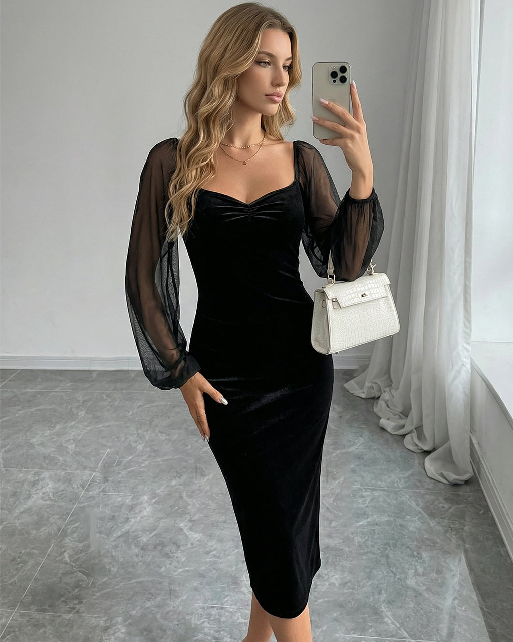 Black Velvet Sweetheart Neck Sheer Puff Sleeve Midi Dress