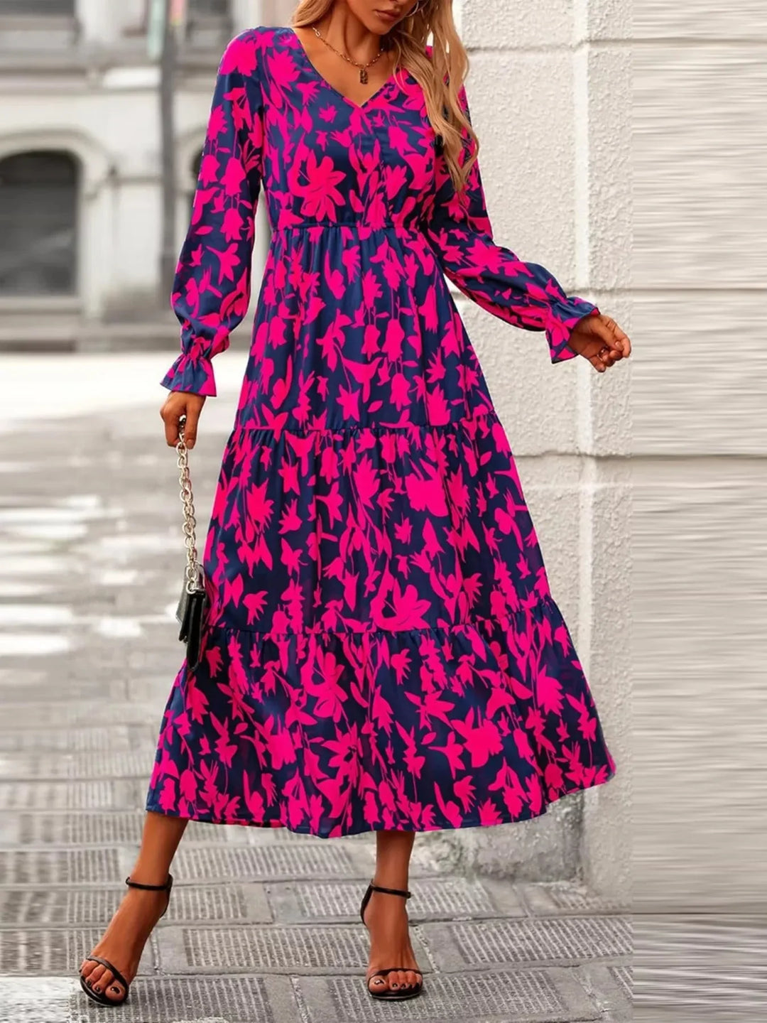 Amina - Printed V-Neck Flounce Sleeve Tiered Midi Dress