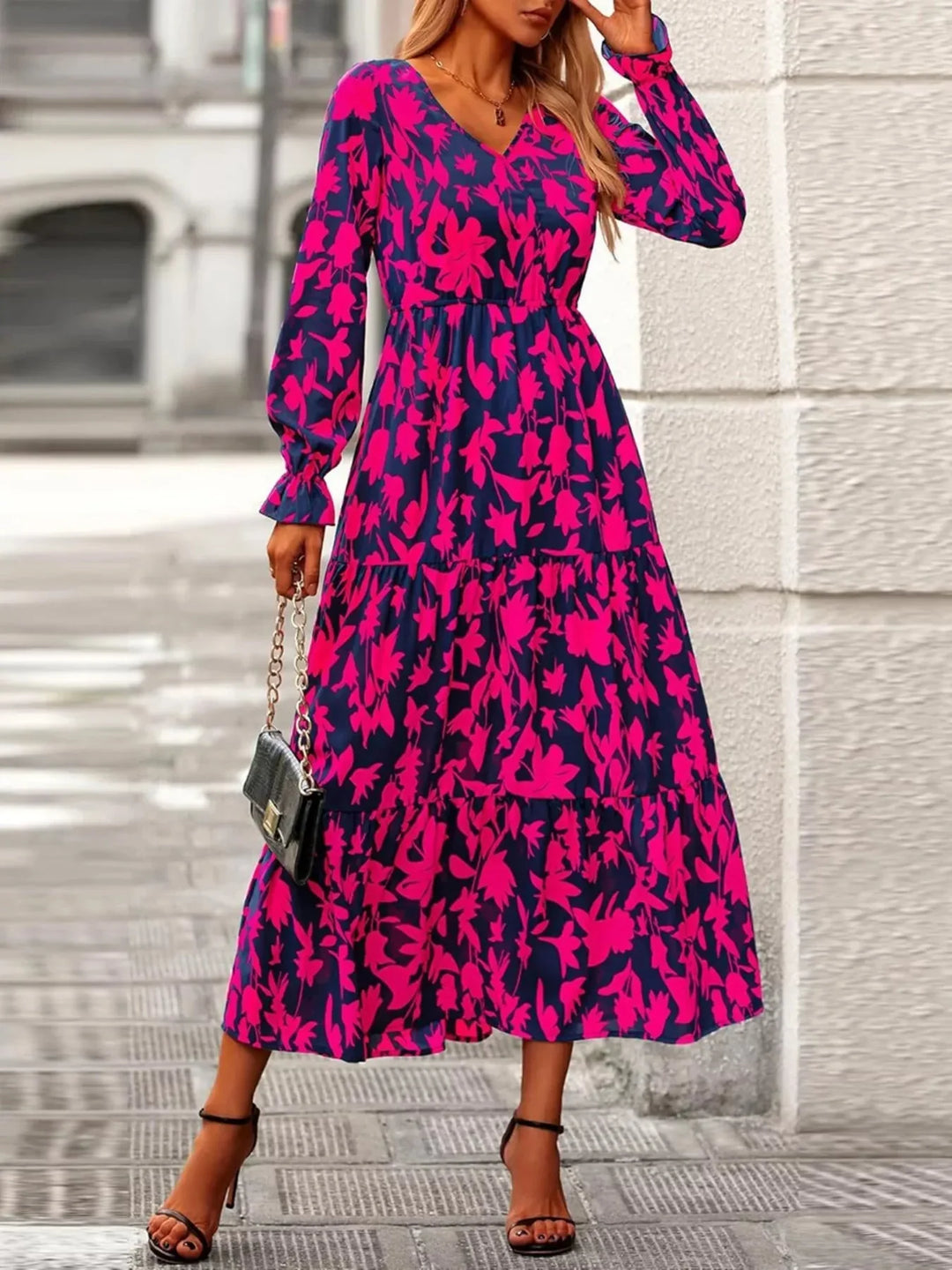 Amina - Printed V-Neck Flounce Sleeve Tiered Midi Dress