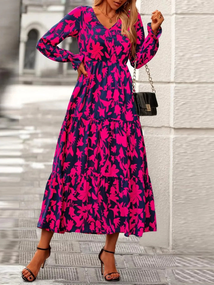 Amina - Printed V-Neck Flounce Sleeve Tiered Midi Dress