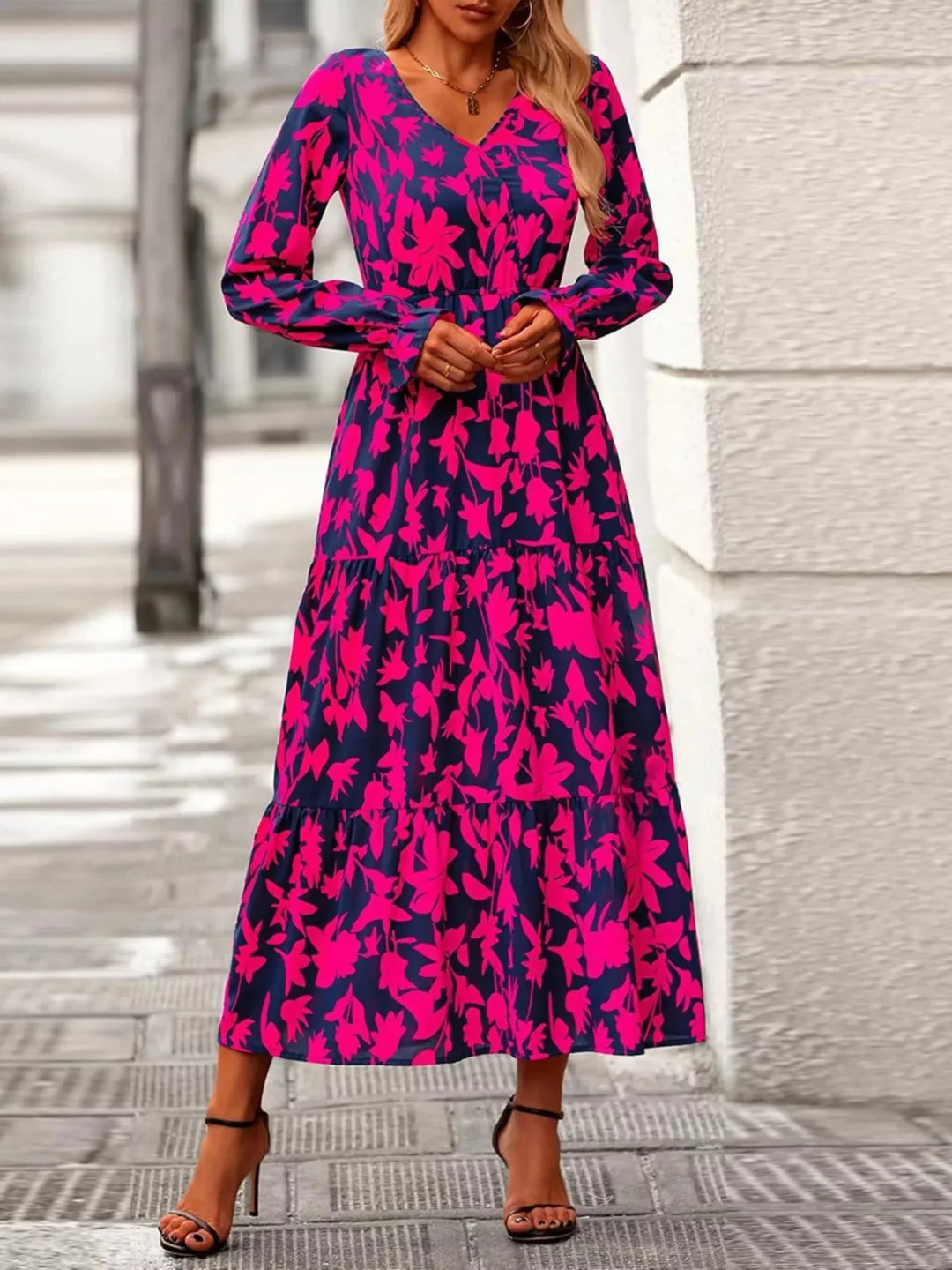 Amina - Printed V-Neck Flounce Sleeve Tiered Midi Dress