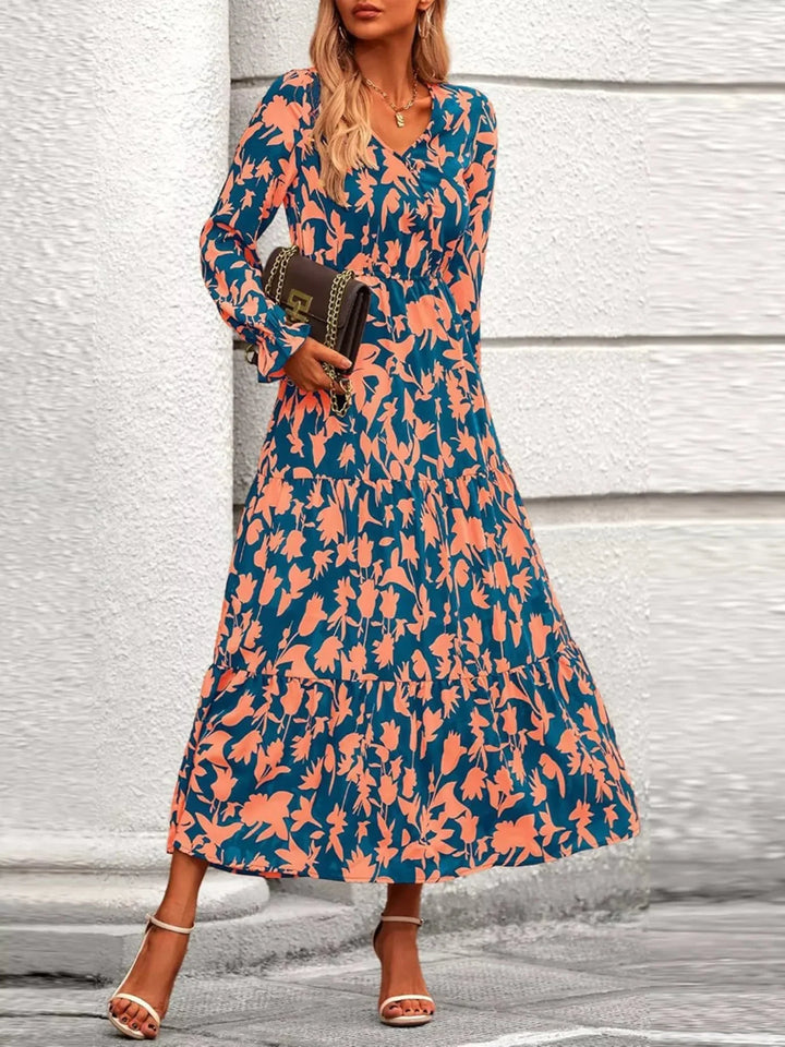 Amina - Printed V-Neck Flounce Sleeve Tiered Midi Dress