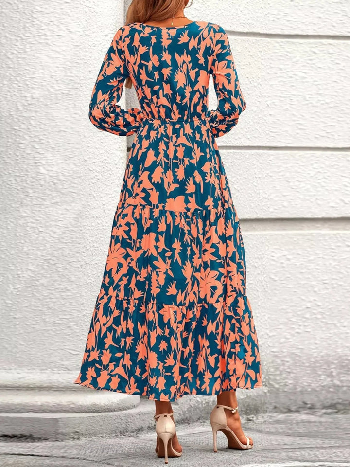 Amina - Printed V-Neck Flounce Sleeve Tiered Midi Dress