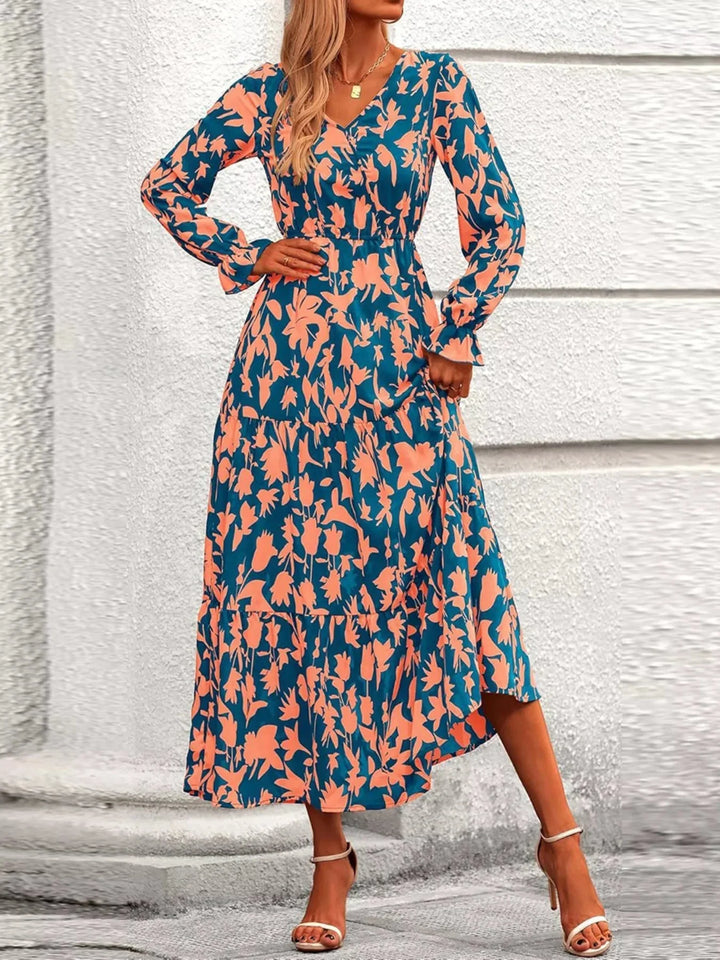 Amina - Printed V-Neck Flounce Sleeve Tiered Midi Dress