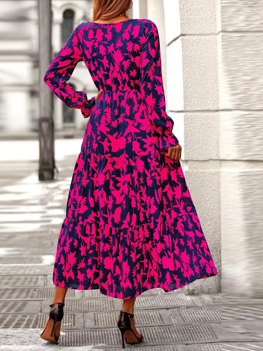 Amina - Printed V-Neck Flounce Sleeve Tiered Midi Dress