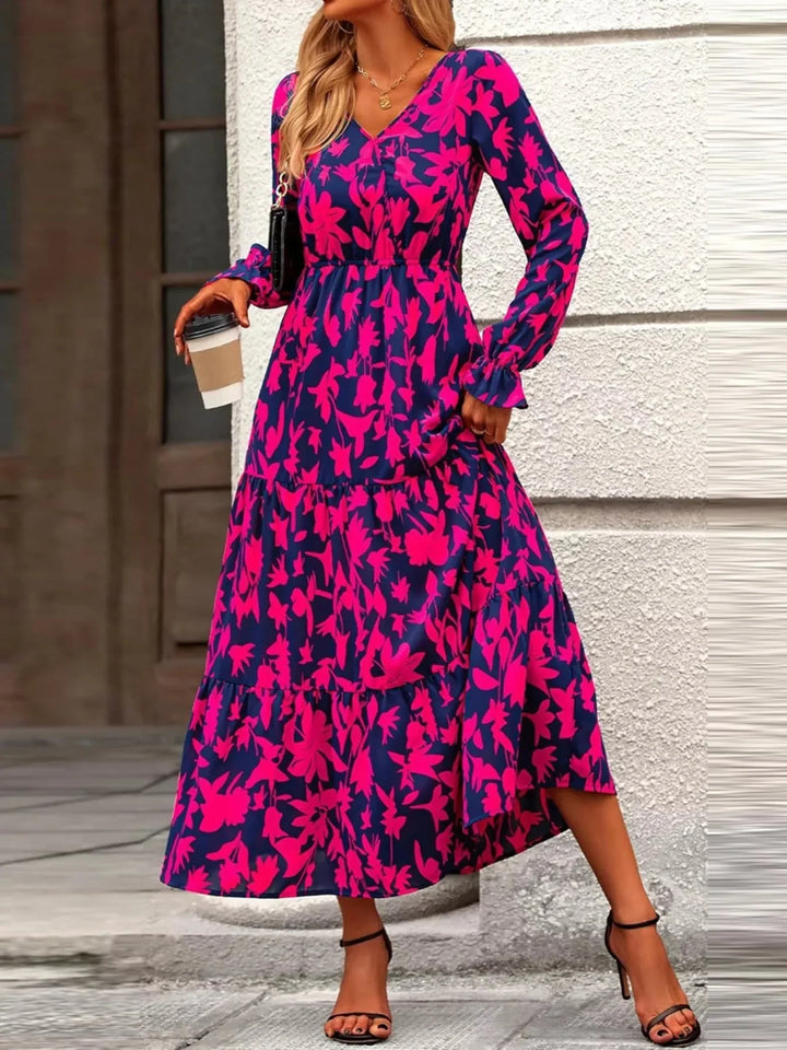 Amina - Printed V-Neck Flounce Sleeve Tiered Midi Dress