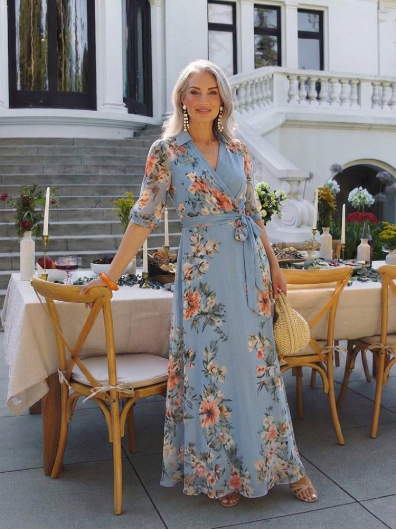 Liora | Floral Wrap V Neck Maxi Dress